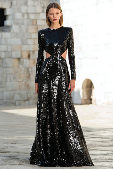 Sparkly Black A-Line Cut Out Long Sleeve Maxi Evening Dress